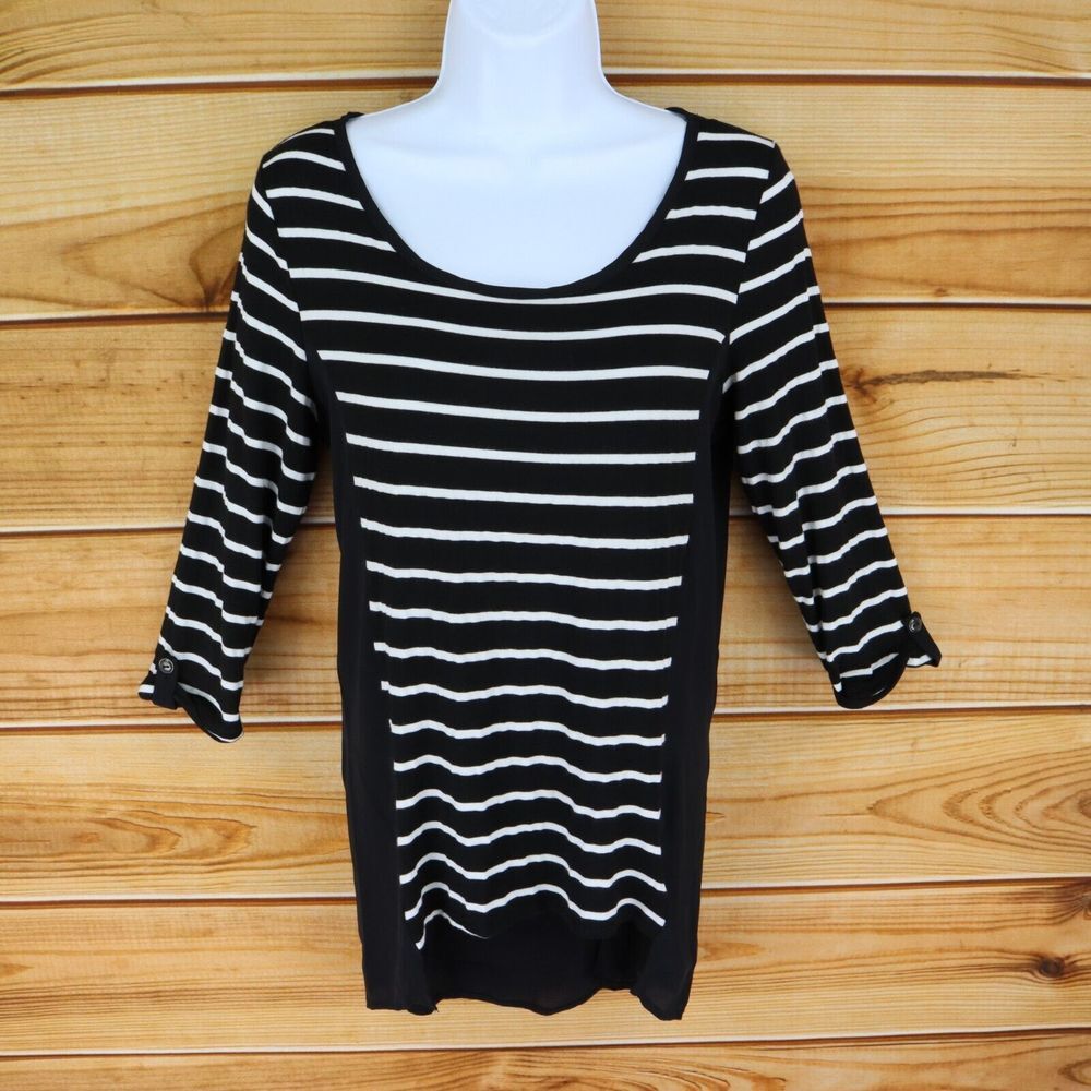 Valerie Bertinelli Blouse 3/4 Sleeves Womens‎ M Black White Striped Lightweight
